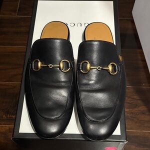 Authentic Gucci Black Leather Mules with Gold Horsebit Hardware